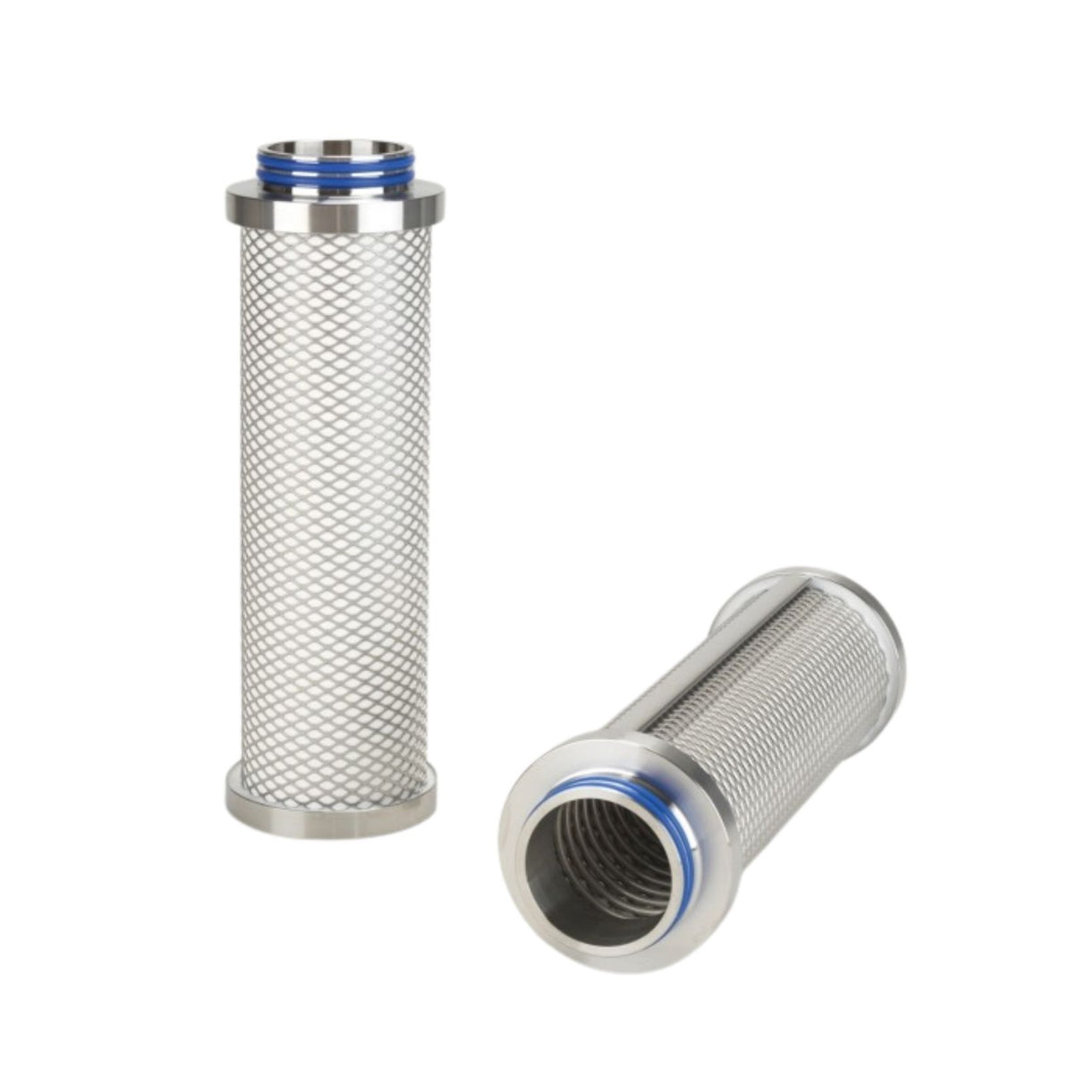 Two cylindrical metal filters on a white background