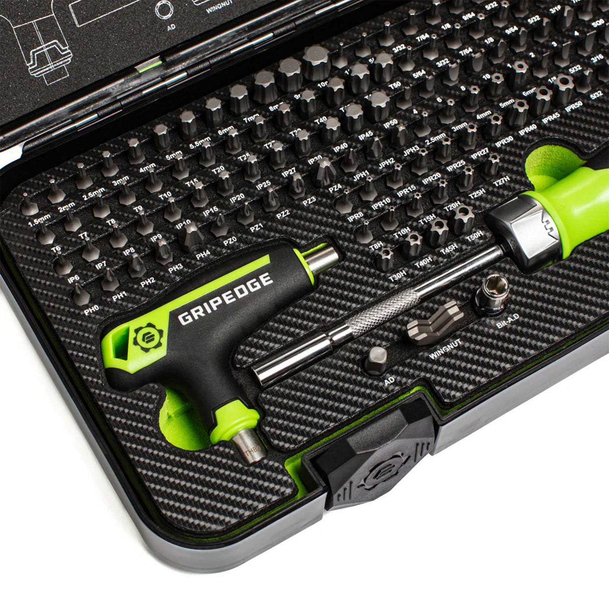 Close-up of GripEdge ratcheting screwdriver and precision driver bits