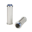 Two cylindrical metal filters on a white background