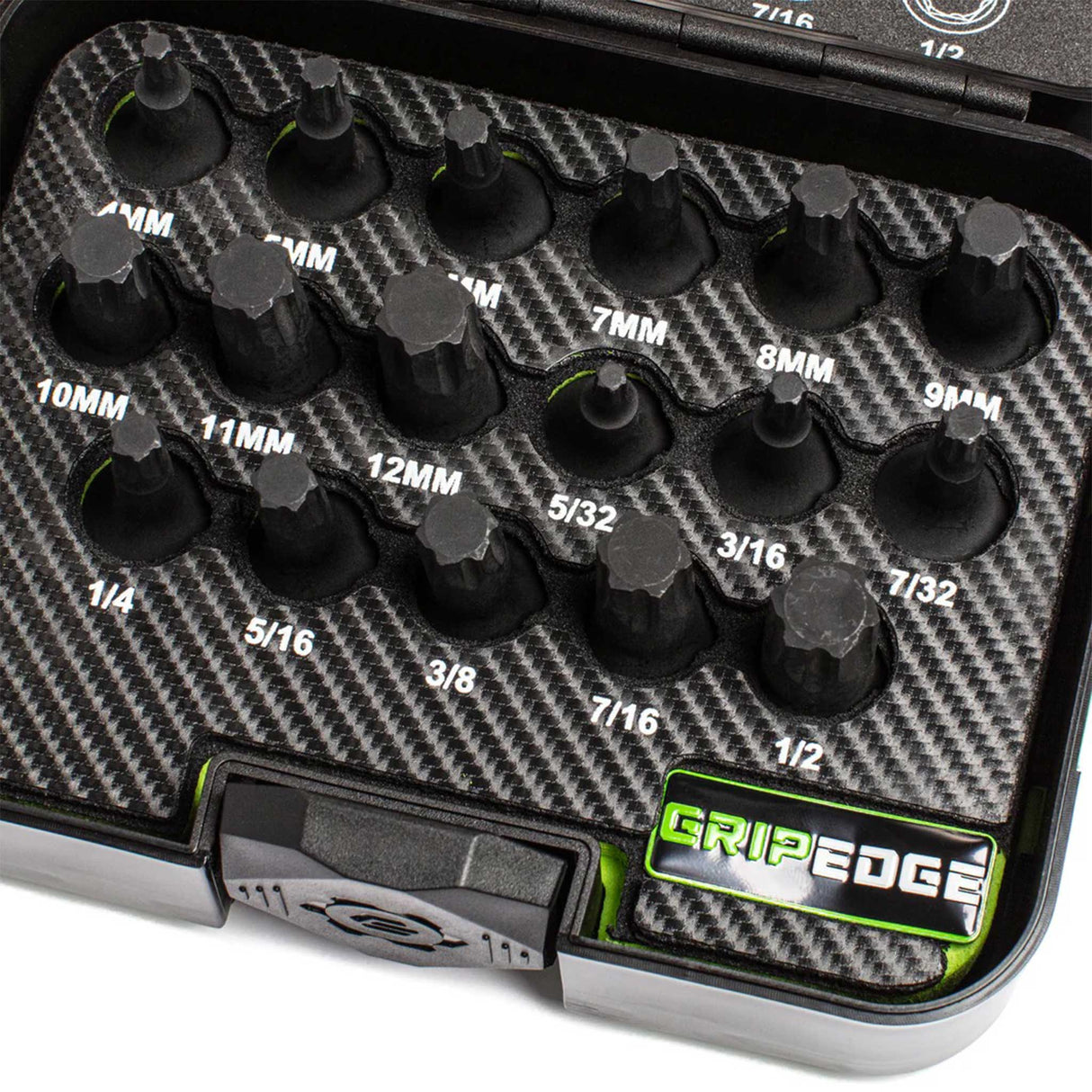 Close-up of GripEdge MIHB17S impact hex driver set showing RPT hex drivers and storage case