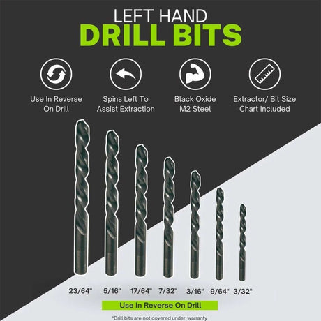 Left-hand drill bits included with the GripEdge BBX14S broken bolt extractor set