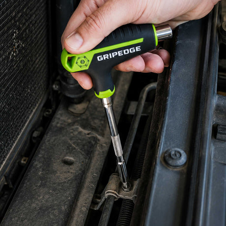 GripEdge multi-bit driver reaching fasteners inside an engine compartment