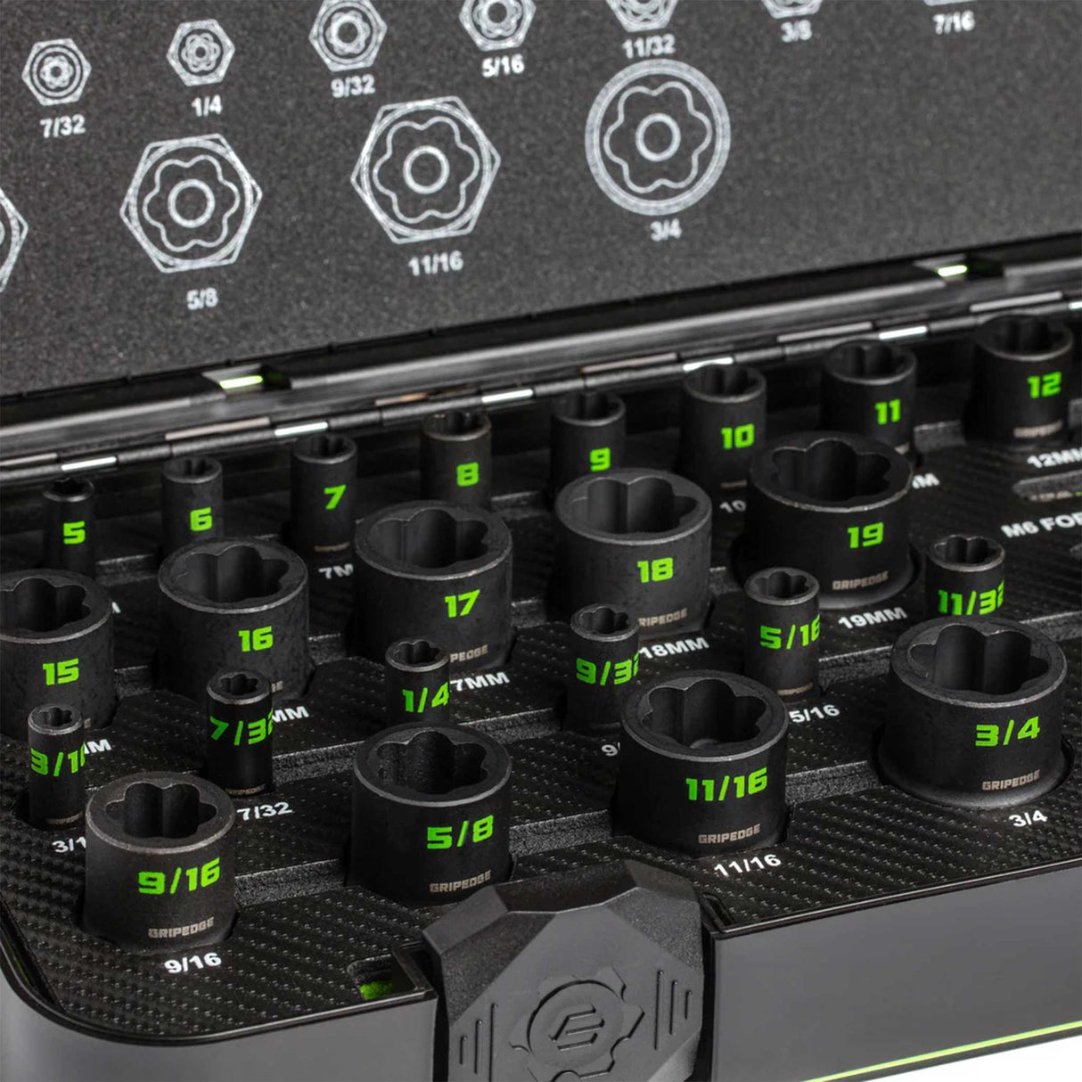 Close-up of GripEdge RPT socket extractors with laser-etched size markings
