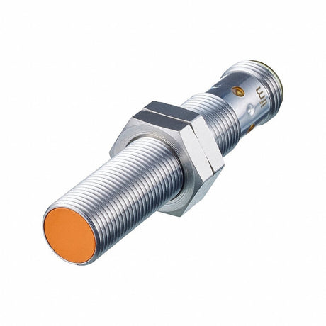 Metallic cylindrical sensor with orange and silver design on a white background