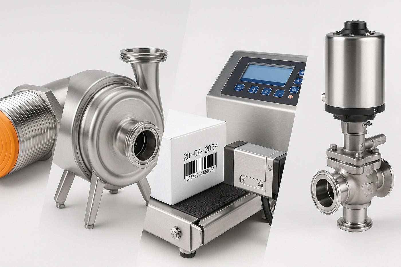 Industrial equipment including a pump, digital display, and valve on a white background