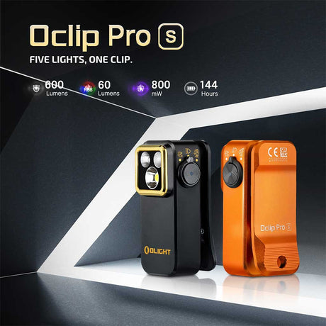 Olight Oclip Pro S multifunctional rechargeable clip light with white, UV, and RGB lighting modes