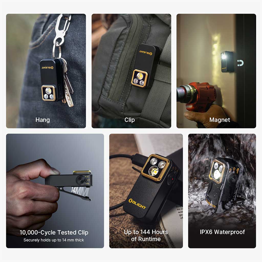 Olight Oclip Pro S clipped to clothing and gear for hands-free inspection and work lighting