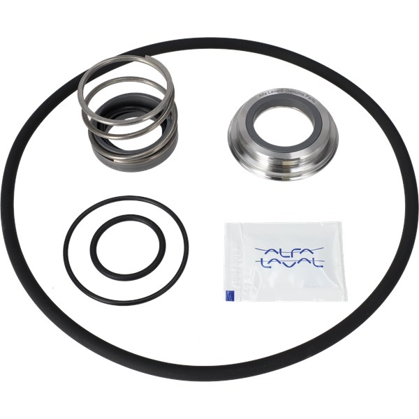 Mechanical seal kit with springs, washers, and a Alfa Laval branded bag on a white background.